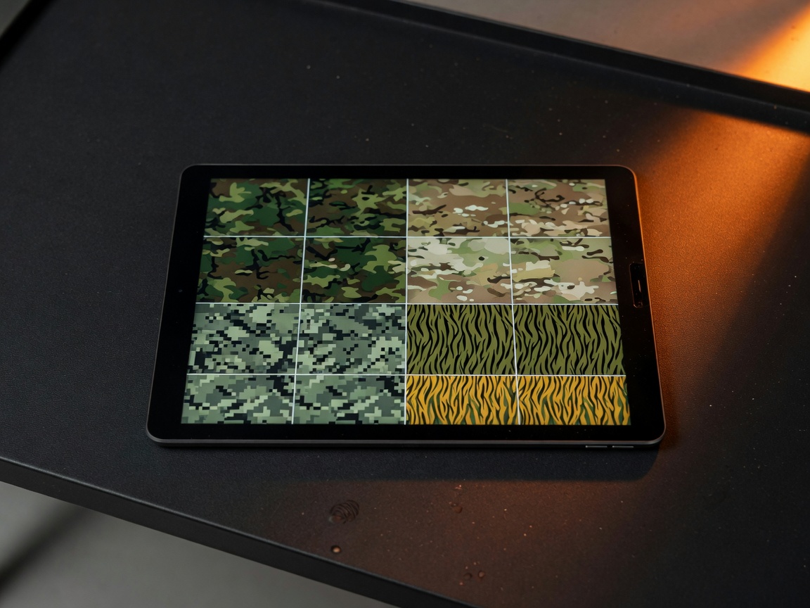 Tablet on a shop counter showing a grid of camouflage pattern options
