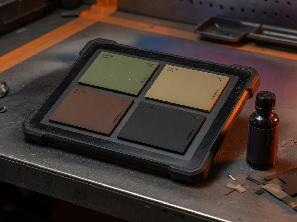 Color layer chips and coating sample on a dark shop counter